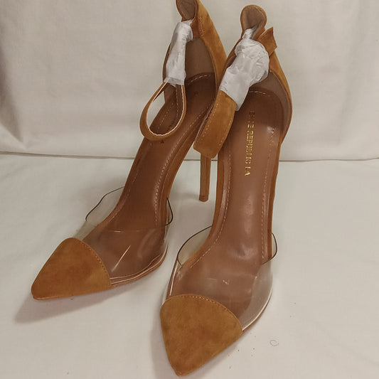 4.75 inch faux suede Chestnut pointed toe pump with ankle strap