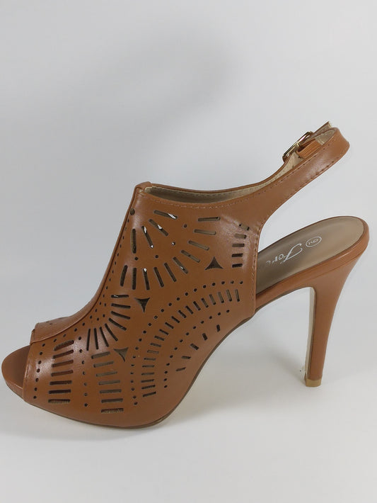 3 inch Tan peep-toe sling-back sandal with cutout design and buckle ankle strap