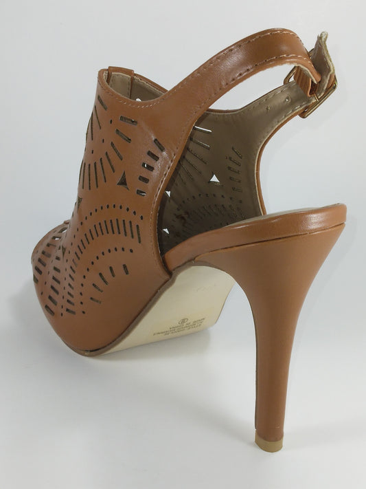 3 inch Tan peep-toe sling-back sandal with cutout design and buckle ankle strap