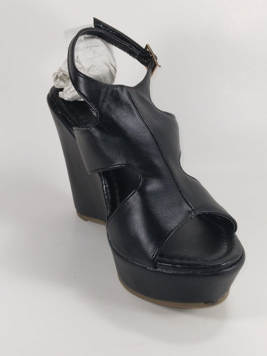 4 inch Black Peep toe platform Wedge with ankle strap and buckle