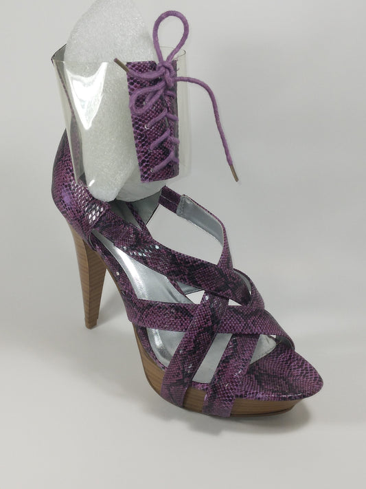 4.5 inch Purple python embossed platform with clear laced ankle cuff & stacked heel