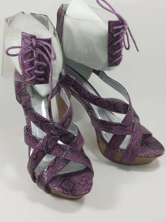 4.5 inch Purple python embossed platform with clear laced ankle cuff & stacked heel