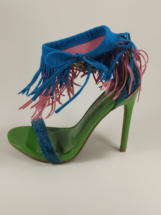 3.5 inch Multi Blue/Green  faux snake Sandal with fringed ankle strap