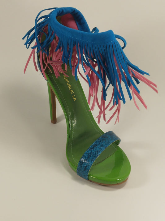 3.5 inch Multi Blue/Green  faux snake Sandal with fringed ankle strap