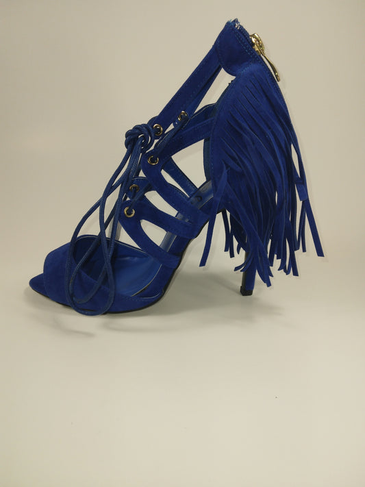4 inch Blue suede gladiator sandal with laces and fringe and gold hardware
