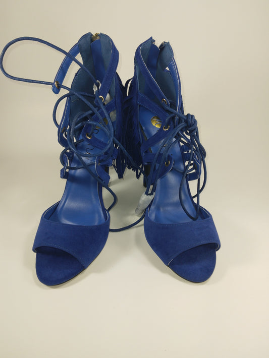 4 inch Blue suede gladiator sandal with laces and fringe and gold hardware