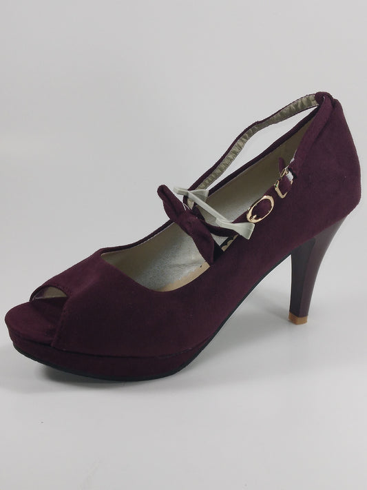 3 inch faux suede burgundy peep-toe pump with bow on ankle strap