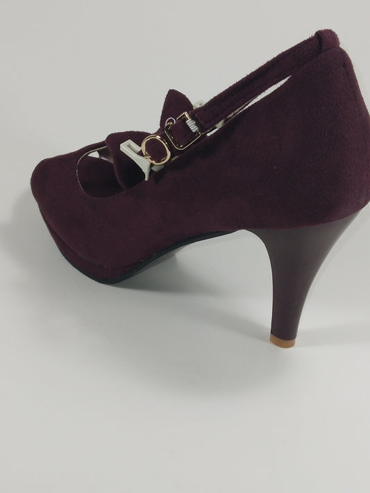 3 inch faux suede burgundy peep-toe pump with bow on ankle strap
