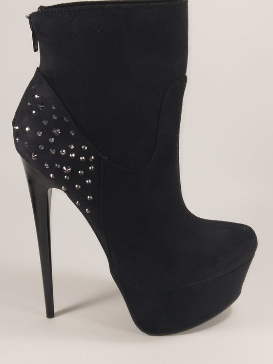 6.5 inch Black suede platform stiletto bootie with dramatic studs on heel and inside zipper