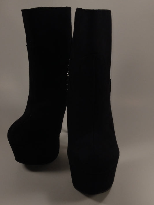 6.5 inch Black suede platform stiletto bootie with dramatic studs on heel and inside zipper